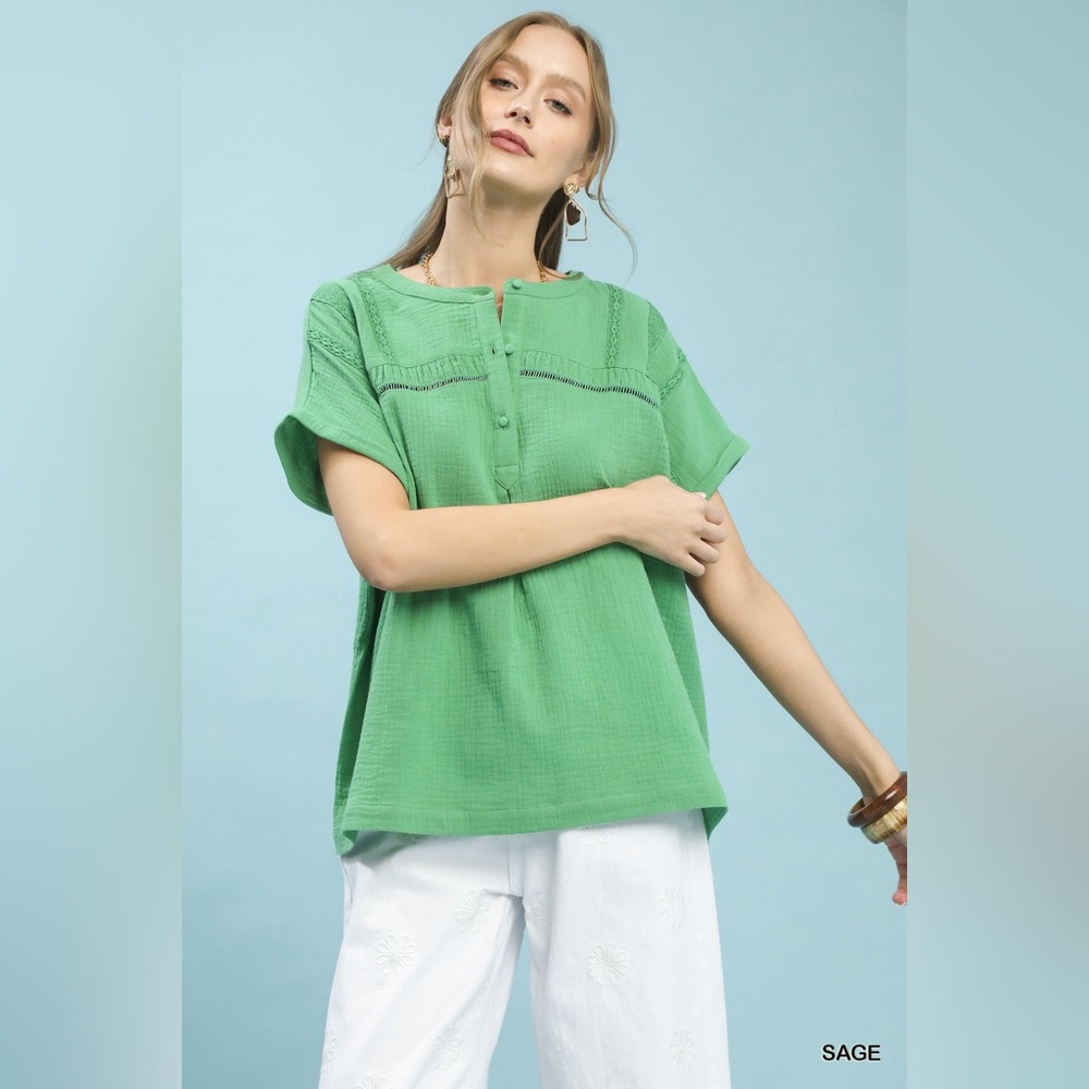 Umgee Textured Gauze Split-Neck Boho Blouse